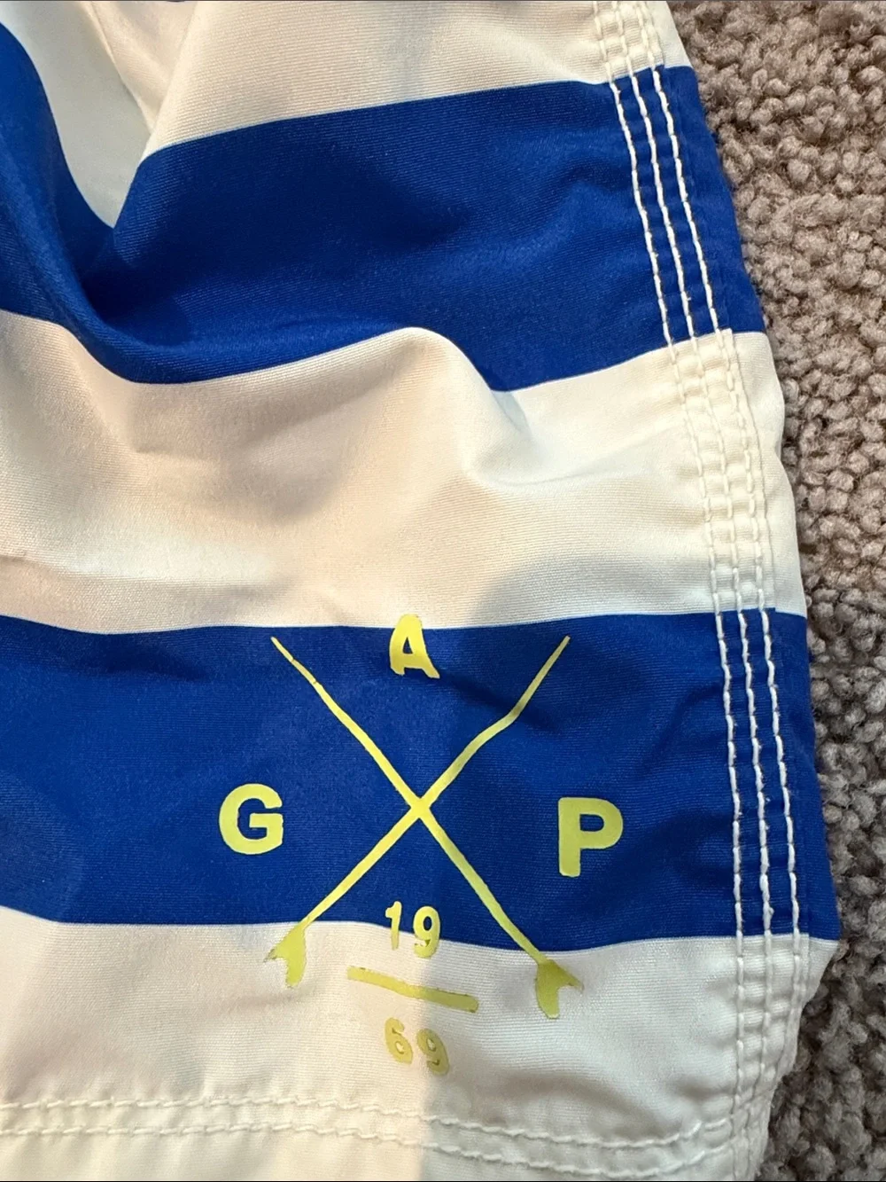 GAP Boys Blue and White Stripe Swim Trunks with Neon Yellow Drawstring
